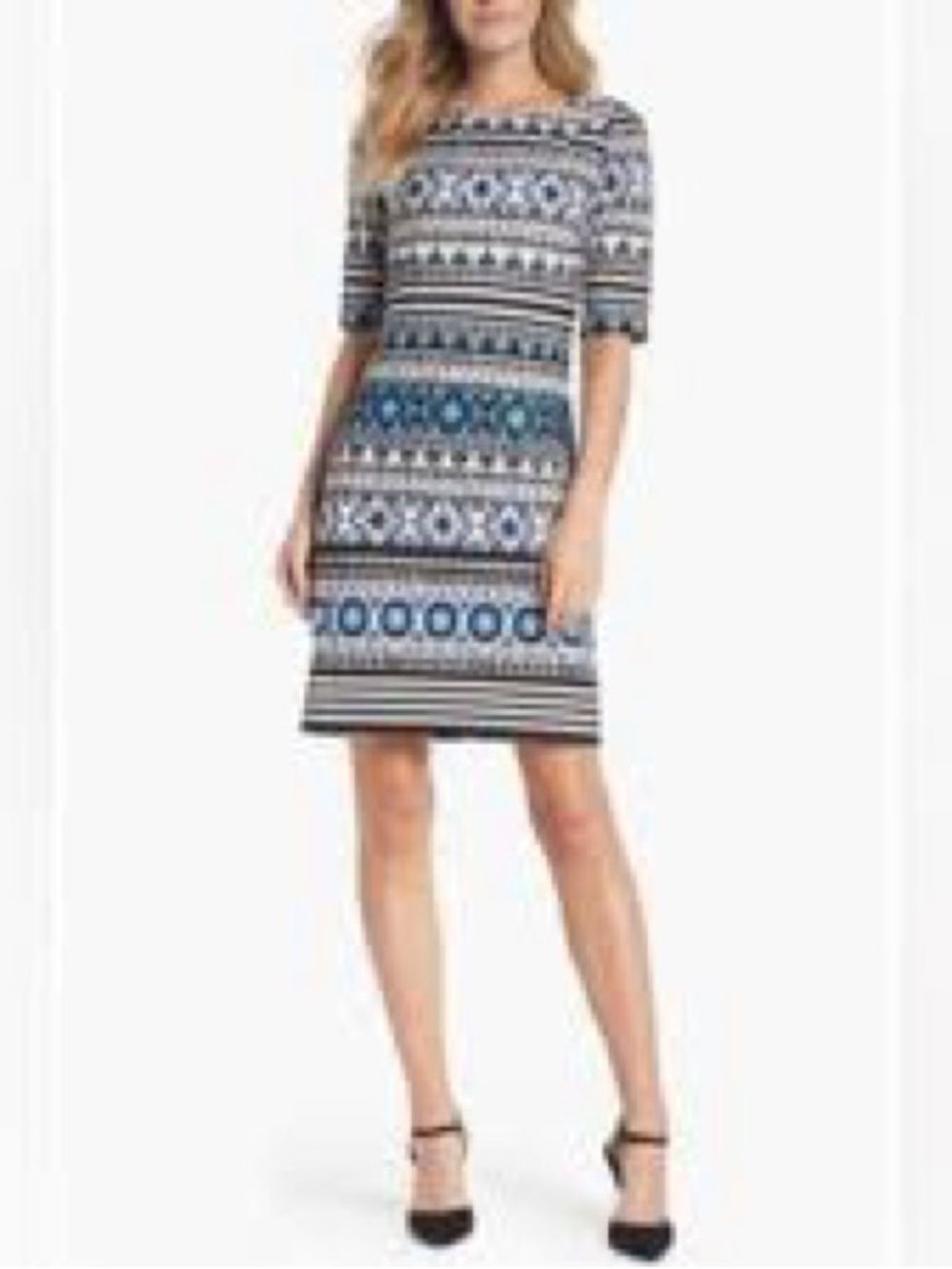 Eliza J Blue and White Patterned Crewneck Shift Dress